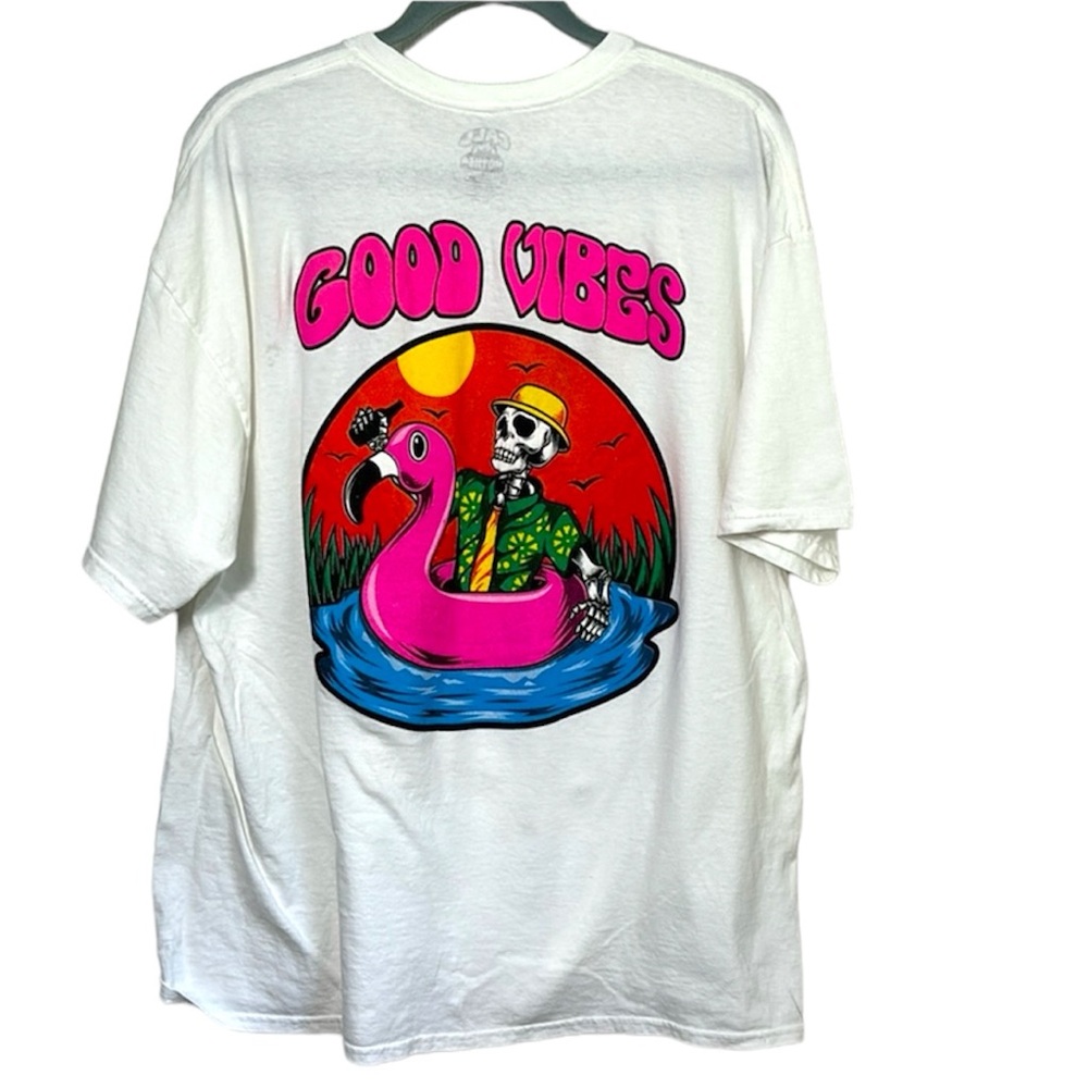 CALL YOUR MOTHER T-SHIRT GOOD VIBES Skeletons pool float flamingo vacation humor